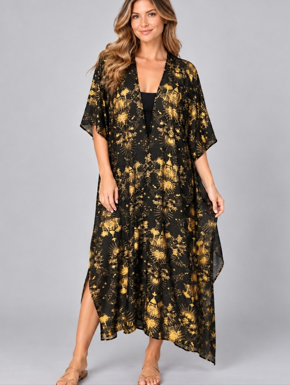 DISNEY Princess & The Frog Black & Gold Palace Palm Trees Chiffon Goth Kimono